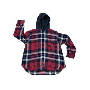 AMERICAN EAGLE Women's Red/Black Plaid Hoodie Button Down Flannel Top Sz Medium